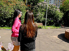 Brunette teen Lucy makes lesbian love in jeans