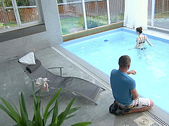 Skinny secretary Sunny Honey gets fucked in the pool by her boss