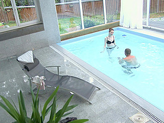 Skinny secretary Sunny Honey gets fucked in the pool by her boss