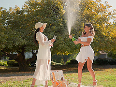 Two hot girls are having great lesbian sex on the bed with amazing asses