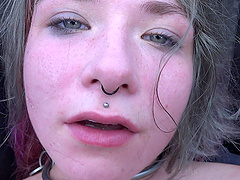 Bald pussy of Emily Addams gets fucked in the car