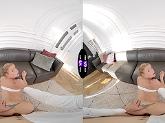 Blonde teen Calibri rides cock in reverse cowgirl position