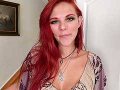 Redhead beauty Devyn Lux plays with her pussy in high heels