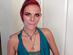 Redhead hottie with natural tits fingering and masturbating in miniskirt