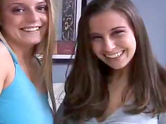 Two cute babes lick pussies and get fucked in a threesome