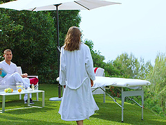 A nice couple, Jake and the stunning Sybil, enjoy a sensual massage session.