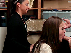 Two secretaries and a boss in an office threesome adventure