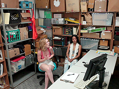 Two secretaries and a boss in an office threesome