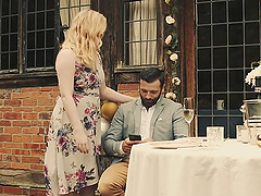 Blond babe Satine sucks Max's chubby cock in a steamy threesome