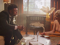 Blondie Skye sucks and rides Troy's thick cock in a steamy interracial coupling