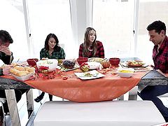 Naomi and Jasmine tease Mike with their plump lips while they take turns sucking his balls