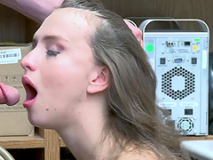 Skinny stunner Izzy gets a juicy oral fix from hunky Mike in their steamy office rendezvous