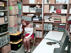 Scarlet bares her red-hot shaven treasure in the boss's chair