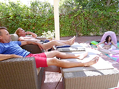 Natalie & Emma's steamy lesbian threesome by the pool