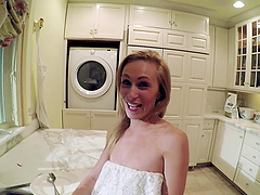 Blond bombshell Hollie delivers a steamy BJ while they get wild in doggy