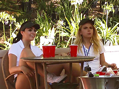 Lesbians Alina & Alexa frolic outdoors with big naturals and toys