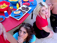 Natural-titted Sabrina & Sofie please Nicky in a wild threesome under the sun