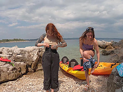 Teen hotties Cheri and Rebeka indulge in a steamy beachside lesbo adventure