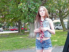 Teeny Elle in skimpy shorts, tiny boobs peeking out