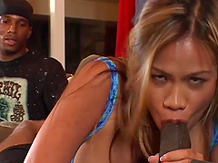 Asian MILF with phony funbags gives sloppy BJs while riding reverse
