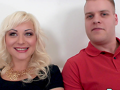 Nataly Real's blonde locks sway as she rides her man in doggy while wearing only a skimpy thong
