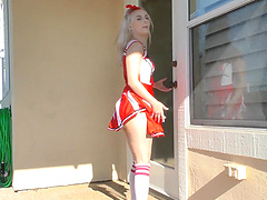 Blond bombshell Aria pleases all in skimpy uniform, sucking and fucking in every style