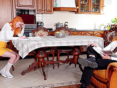 Redheaded Russian vixen pleases aged stud in sultry sock-clad encounter