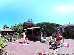 Sexy Shana and wild Heidi in a steamy bikini fling with a raunchy four-way orgy by the pool