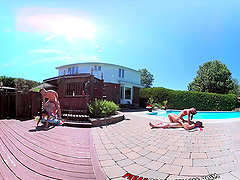 Sexy Shana and wild Heidi in a steamy bikini fling with a raunchy four-way orgy by the pool