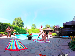 Sexy Shana and wild Heidi in a steamy bikini fling with a raunchy four-way orgy by the pool