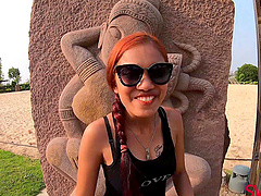 Asian cutie in panties gives sensual POV BJ to horny redhead Thai guy