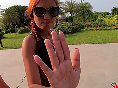 Asian cutie in panties gives sensual POV BJ to horny redhead Thai guy