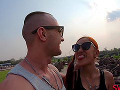 Asian cutie in panties gives sensual POV BJ to horny redhead Thai guy