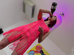 Teeny tiny tattoed teen with a smooth shaven snatch pleasures herself alone
