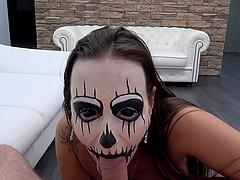 Slurping Mea's phony melons in lace while her ass bounces in stockings