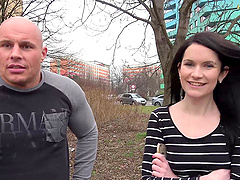 Brunette Angel in tight jeans rides hard on a hot date in public