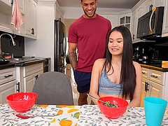 Asian beauty Sakura Lin and hunky Mike Ox indulge in a steamy kitchen affair