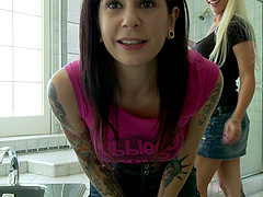 Tatted hotties in mini skirts get wild
