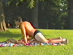 Blonde with hairy pussy gets slammed missionary style in an outdoors scene