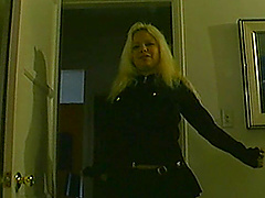 Flirty blonde cowgirl with long hair gives a blowjob in a hot home made shoot