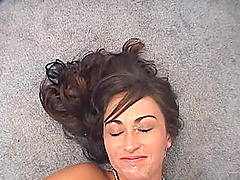 Busty mature amateur brunette gets a cumshot after giving a handjob