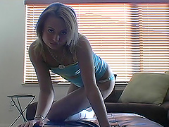 Amateur Blonde In Thong And Socks Gives Handjob And Masturbates Cunt