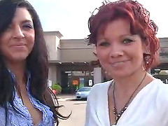 Two chicks into public play have some fun flashing outdoors