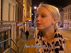 A blonde babe meets a guy and fucks him on camera for cash