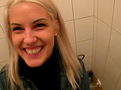Luscious blonde babe with a pussy piercing getting hammered hardcore in the toilet