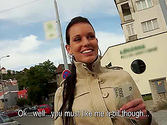 Lecherous brunette cowgirl with natural tits  getting her shaved pussy jammed hardcore