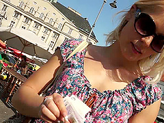 Vivacious blonde with a nice ass in glasses giving a superb blowjob to her dude til he cums