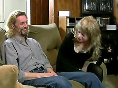 Big tits blonde MILF in thong rides like a cowgirl after fingering her shaved pussy