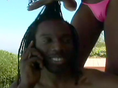 Ebony with black butt gives handjob and gets slammed missionary style