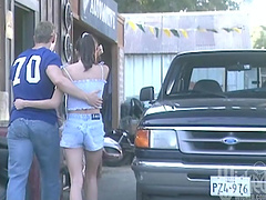 Hot brunette with natural tits getting banged in the car before receiving facial cumshot